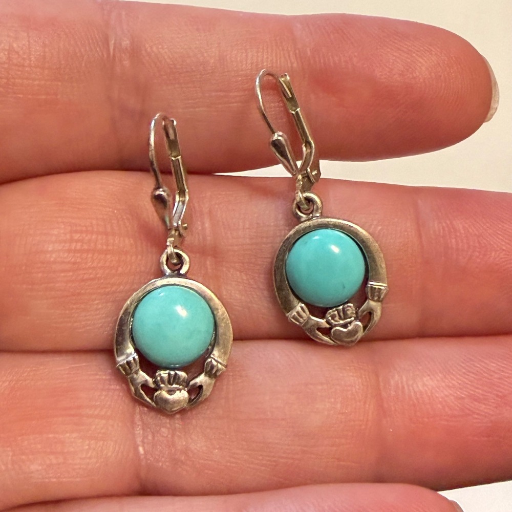 Vintage Sterling Silver Heart Earrings Ireland 925 Turquoise Claddagh Celtic - Picture 7 of 8